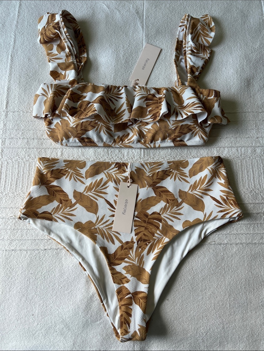 Eberjey White and Tan Botanical Bikini Bottom and top set
